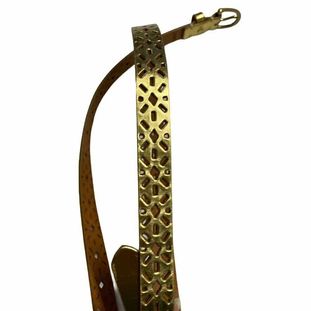 J.Crew Gold Perforated Leather Belt Size Large Boho Geometric Chic - Picture 9 of 12